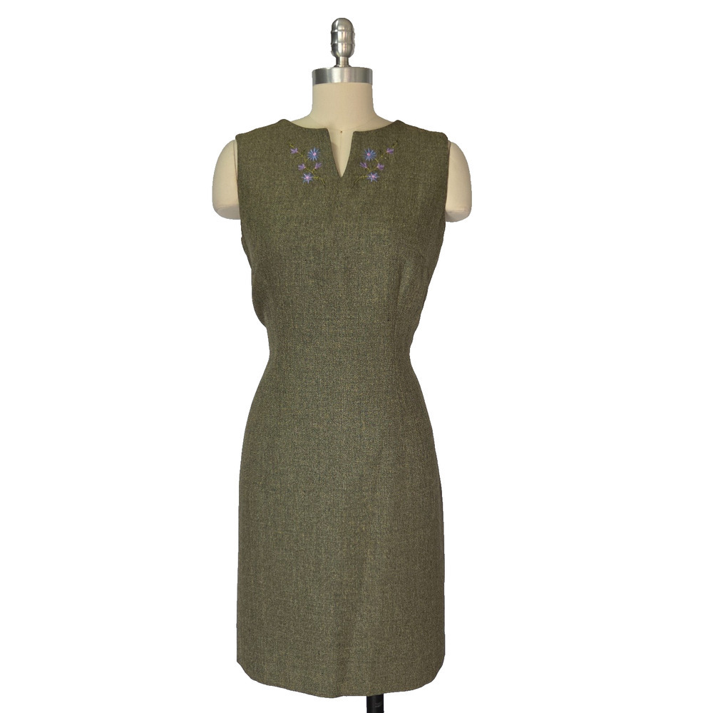 Vintage Y2K Tweed Midi Dress Size 12P Green Floral Career Corporate Sleeveless - Picture 2 of 7